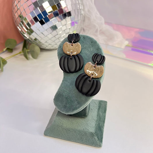 Black and Marble Pumpkin Clay Earrings