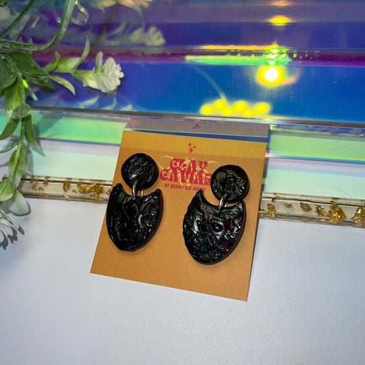 Black Goth Floral Clay Earrings